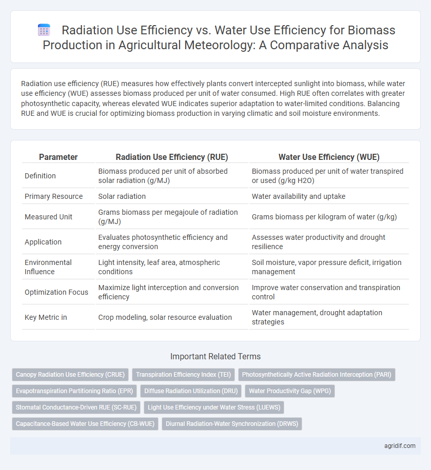 Radiation Use Efficiency vs. Water Use Efficiency for Biomass Production in Agricultural Meteorology: A Comparative Analysis